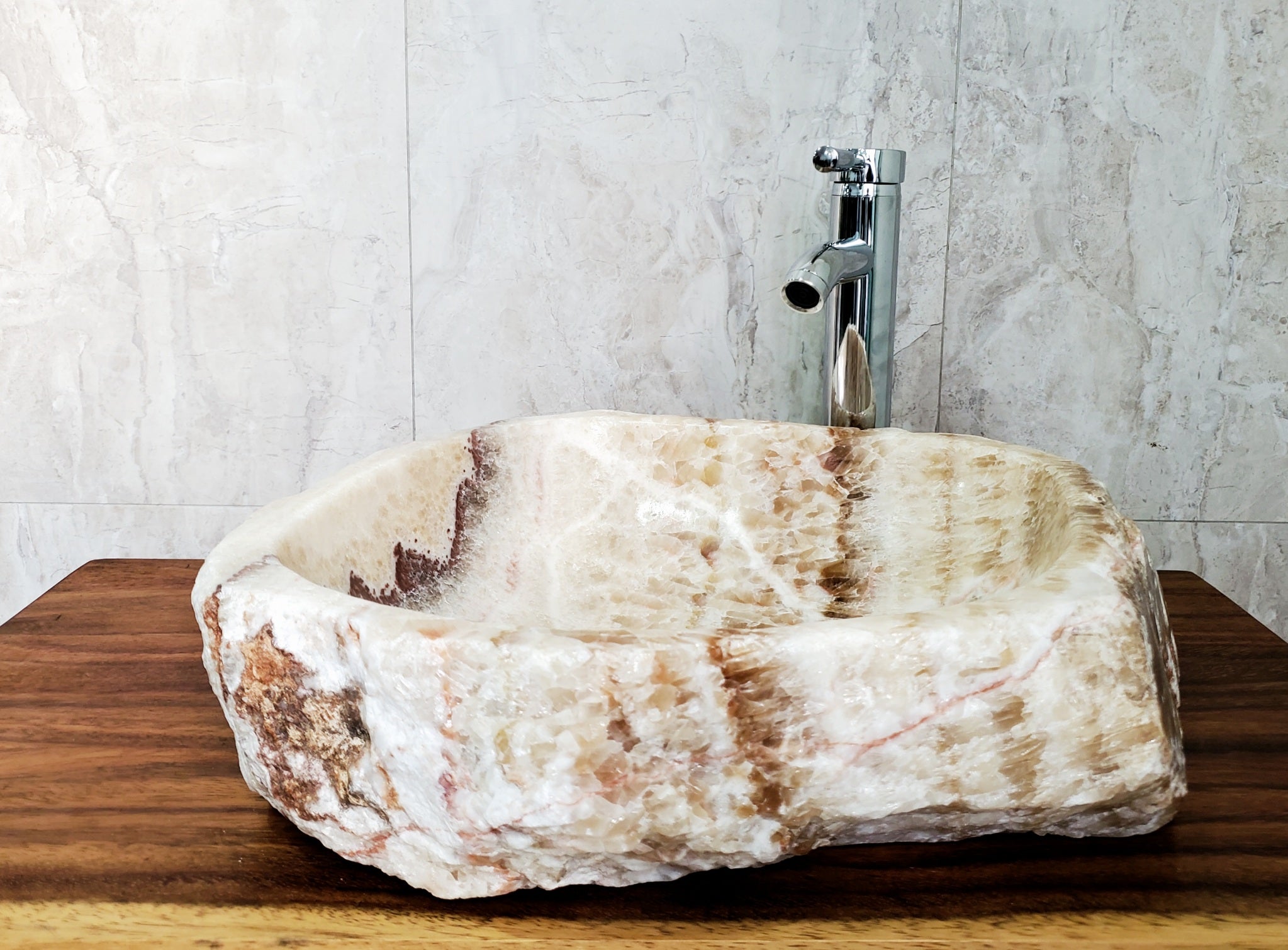 Brown and Tan Onyx Stone  Bathroom Vessel Sink. Epoxy Sealant is available with fast shipping. Standard drain size. A beautiful work of rustic art. Handmade. Buy Now at www.felipeandgrace.com