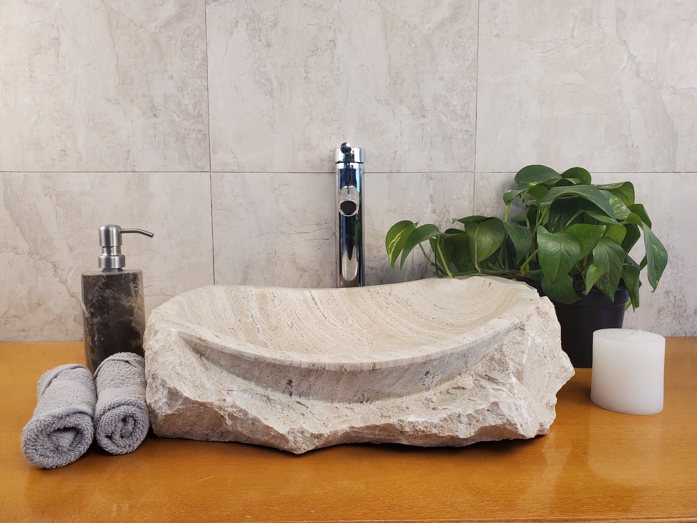 S24_04 Oval Travertine Chiseled Vessel Bathroom Sink