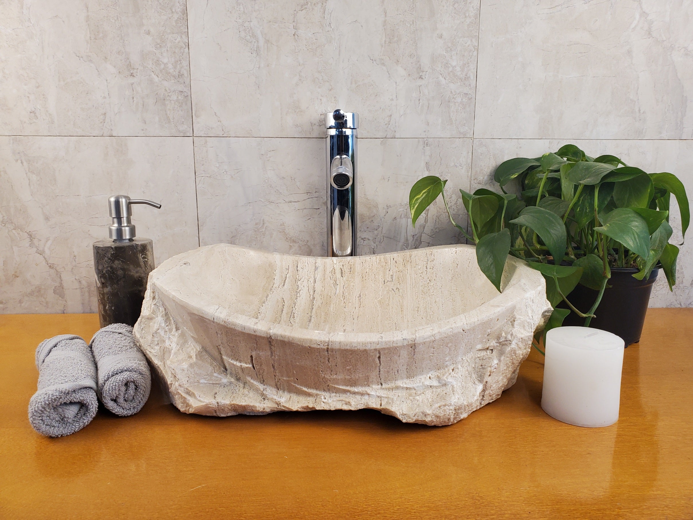 S24_05 Oval Travertine Chiseled Vessel Bathroom Sink