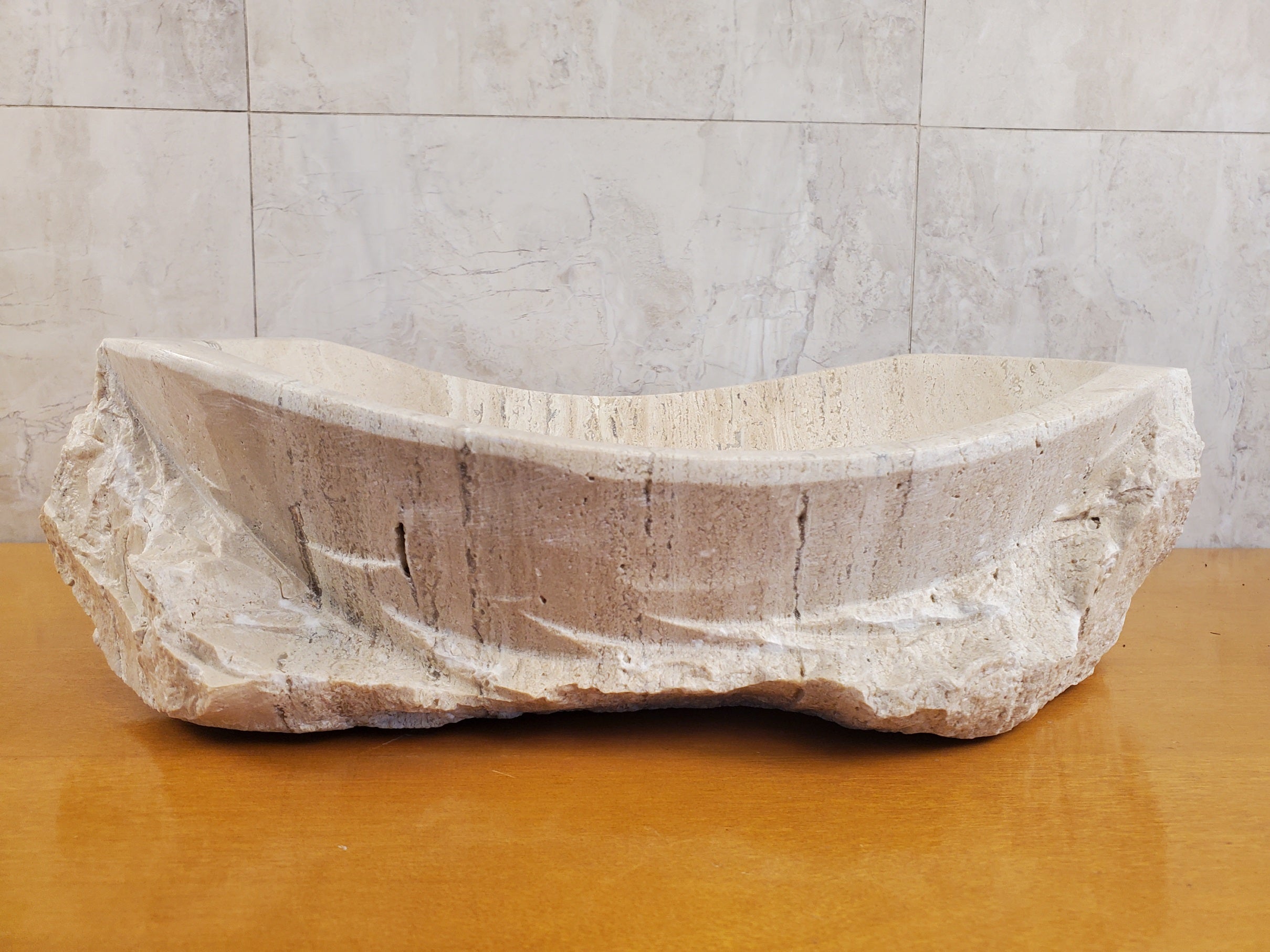 S24_05 Oval Travertine Chiseled Vessel Bathroom Sink