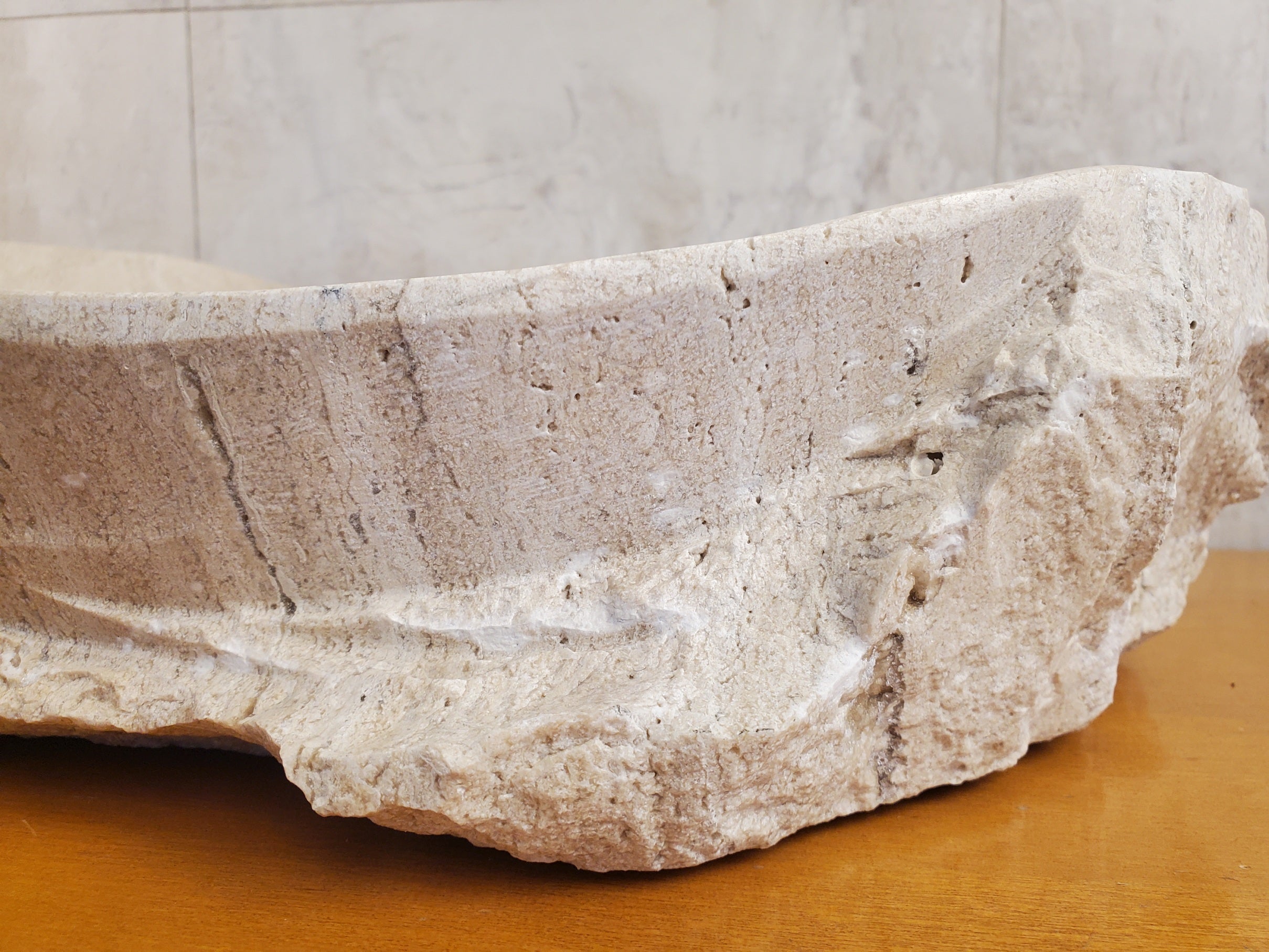 S24_05 Oval Travertine Chiseled Vessel Bathroom Sink