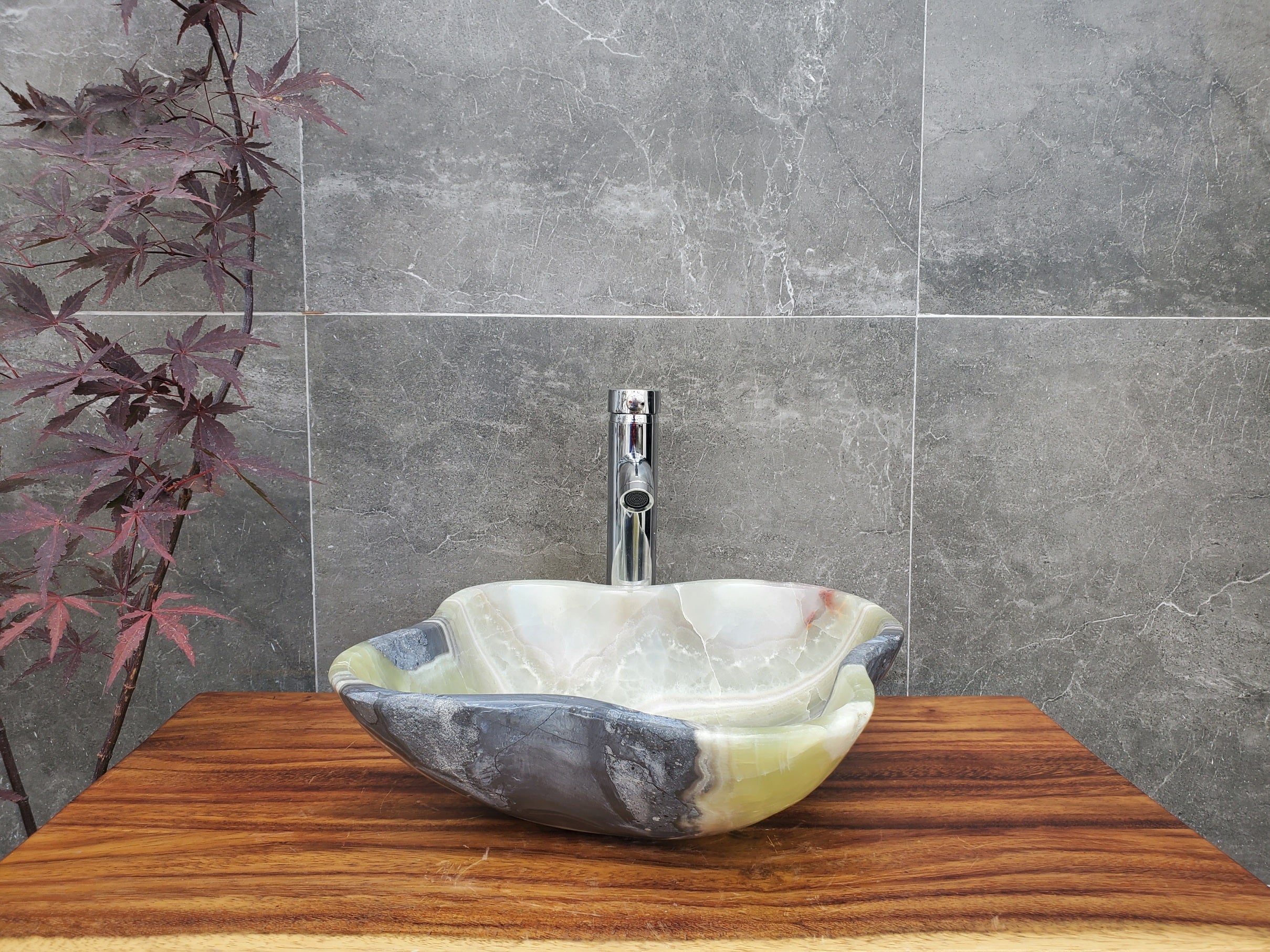 Green and Grey Onyx Stone Vessel Bathroom Sink