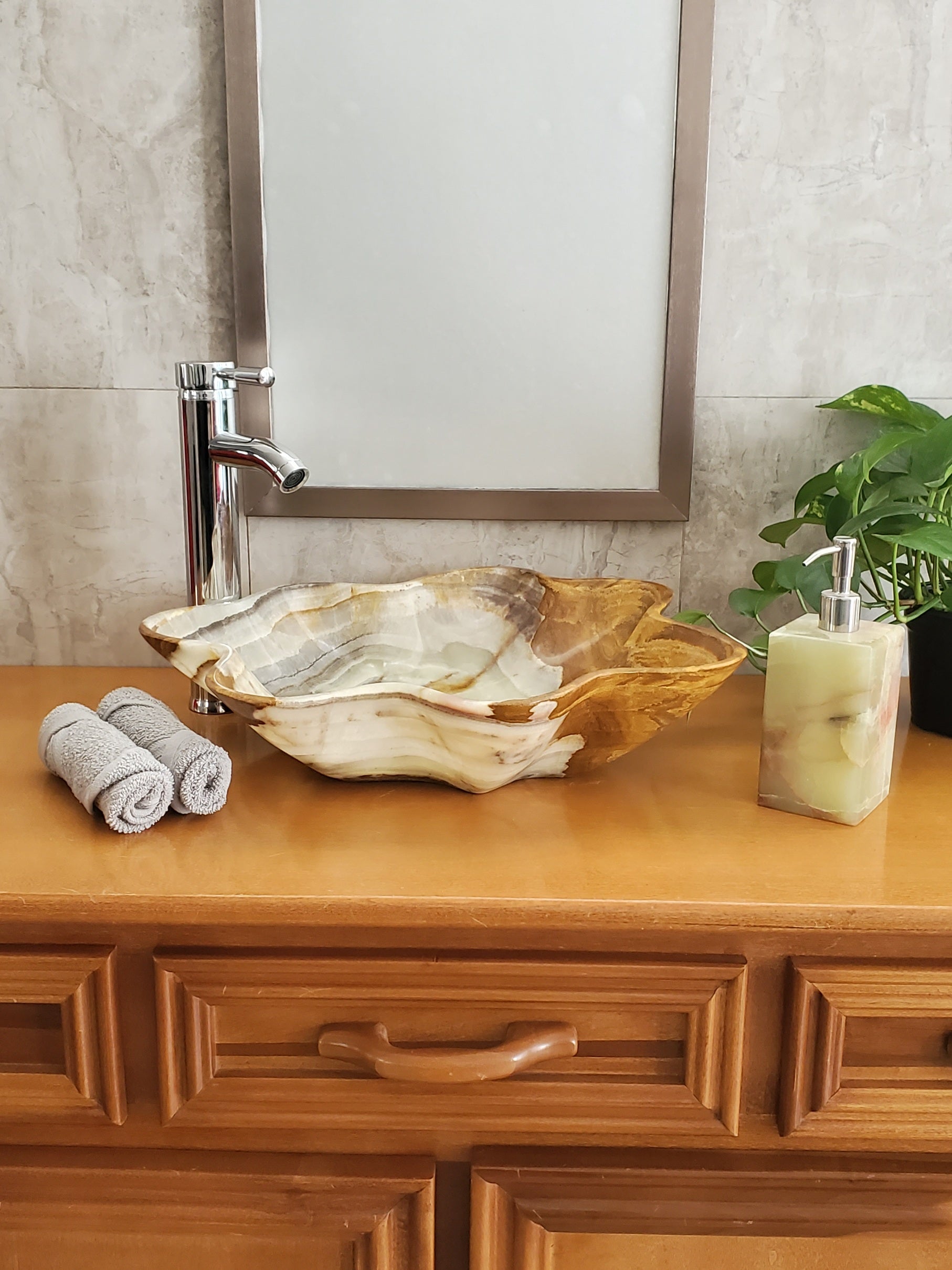 S23_12 Green and Brown Onyx Stone Vessel Bathroom Sink