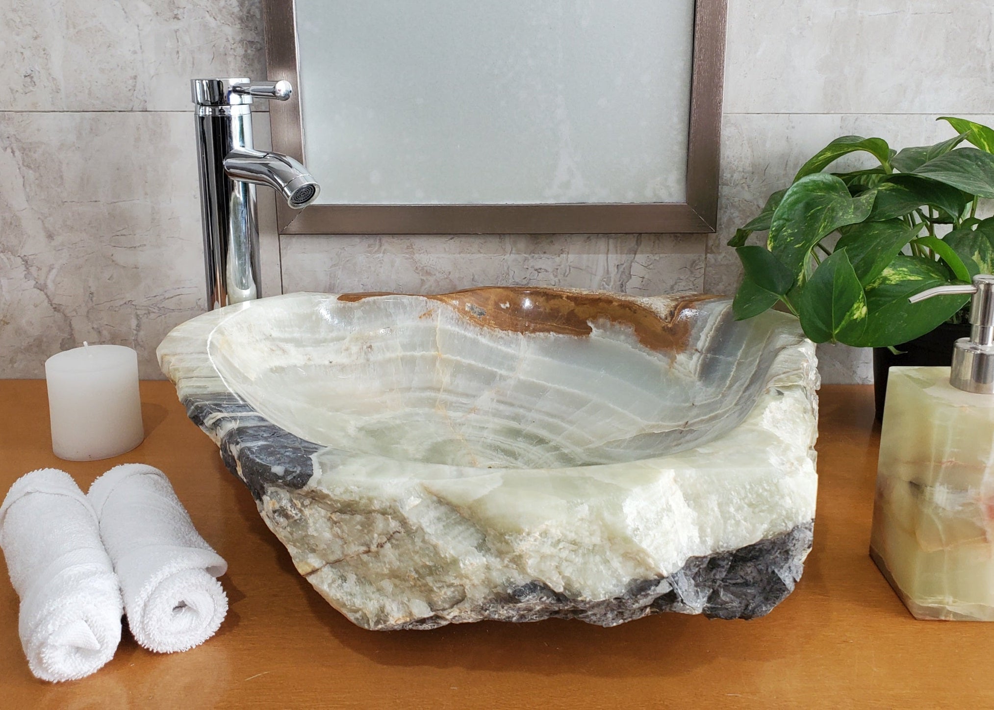 S23_24 Green and Grey Onyx Stone Vessel Bathroom Sink