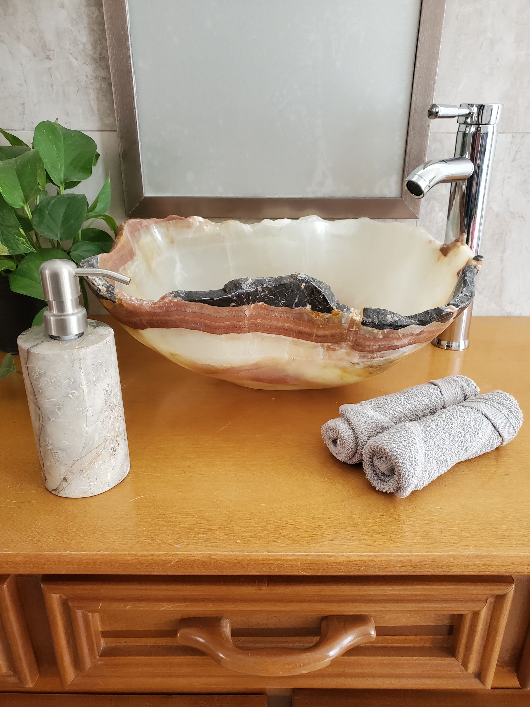 S23_07 Green and Brown Onyx Stone Vessel Bathroom Sink