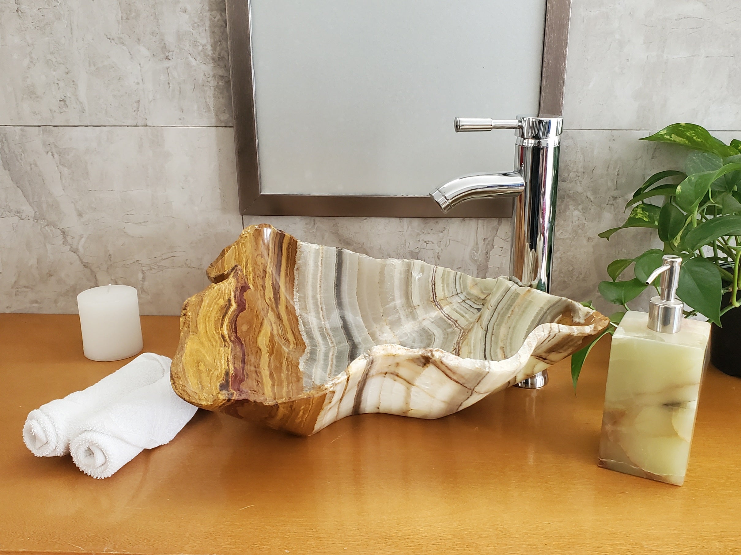 S23_13 Green and Brown Onyx Stone Vessel Bathroom Sink