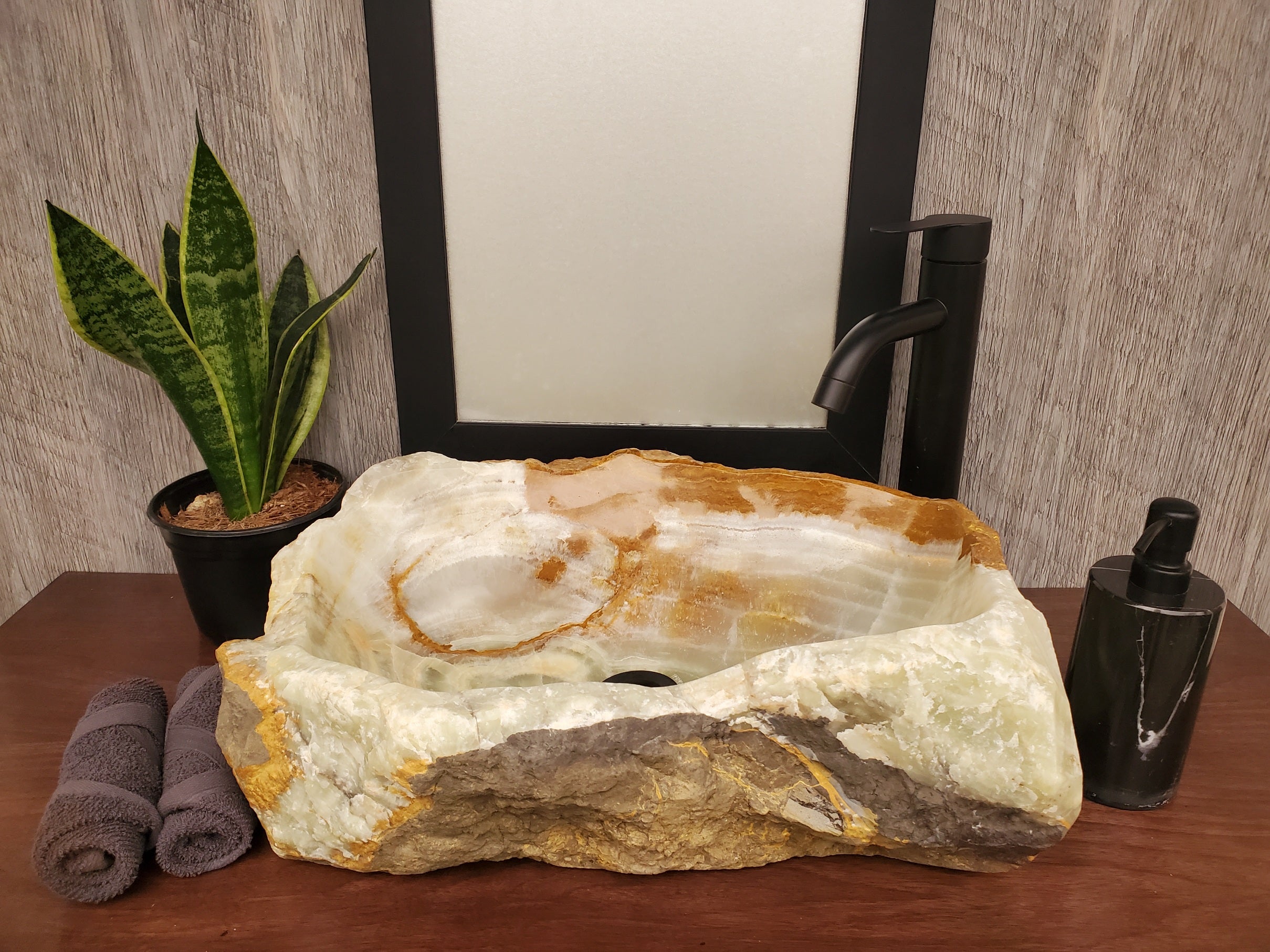 S23_21 Green and Brown Onyx Stone Vessel Bathroom Sink