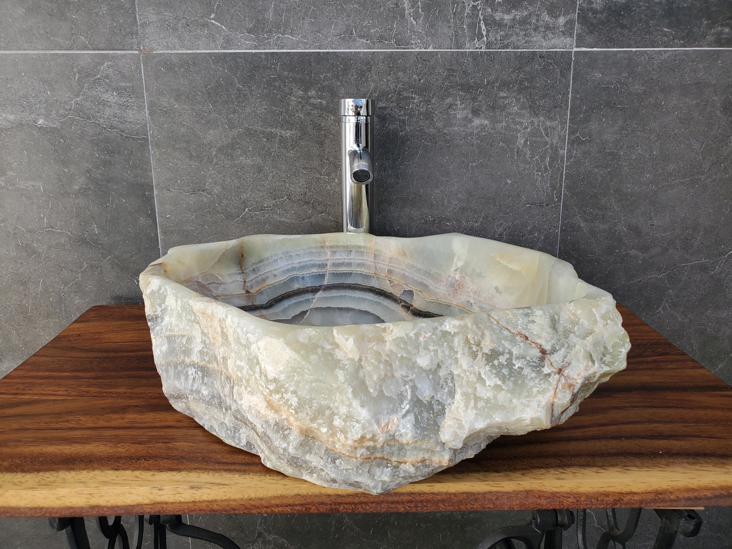 S19_03 Green, Gray Onyx Stone Vessel Bathroom Sink