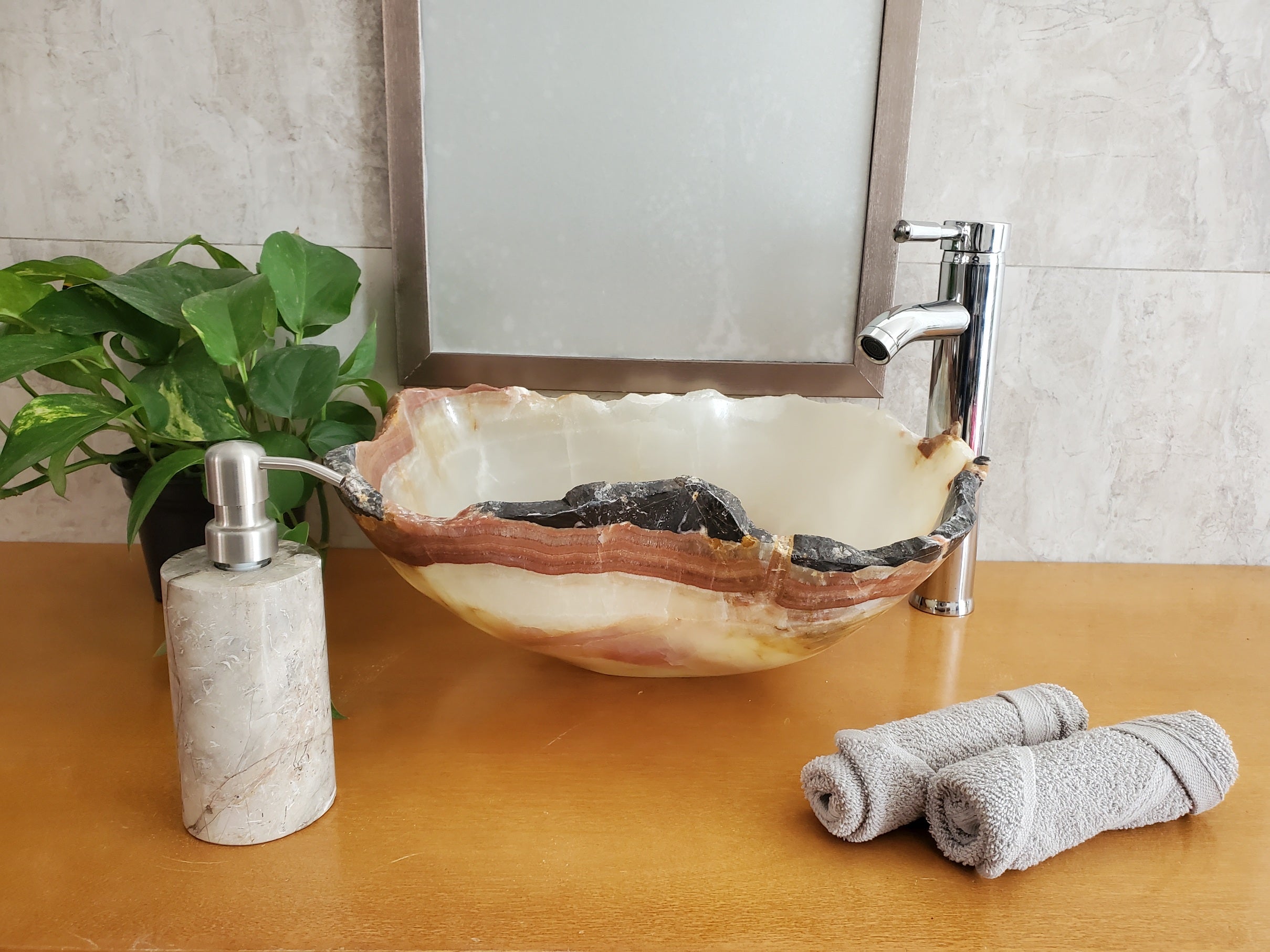 S23_07 Green and Brown Onyx Stone Vessel Bathroom Sink