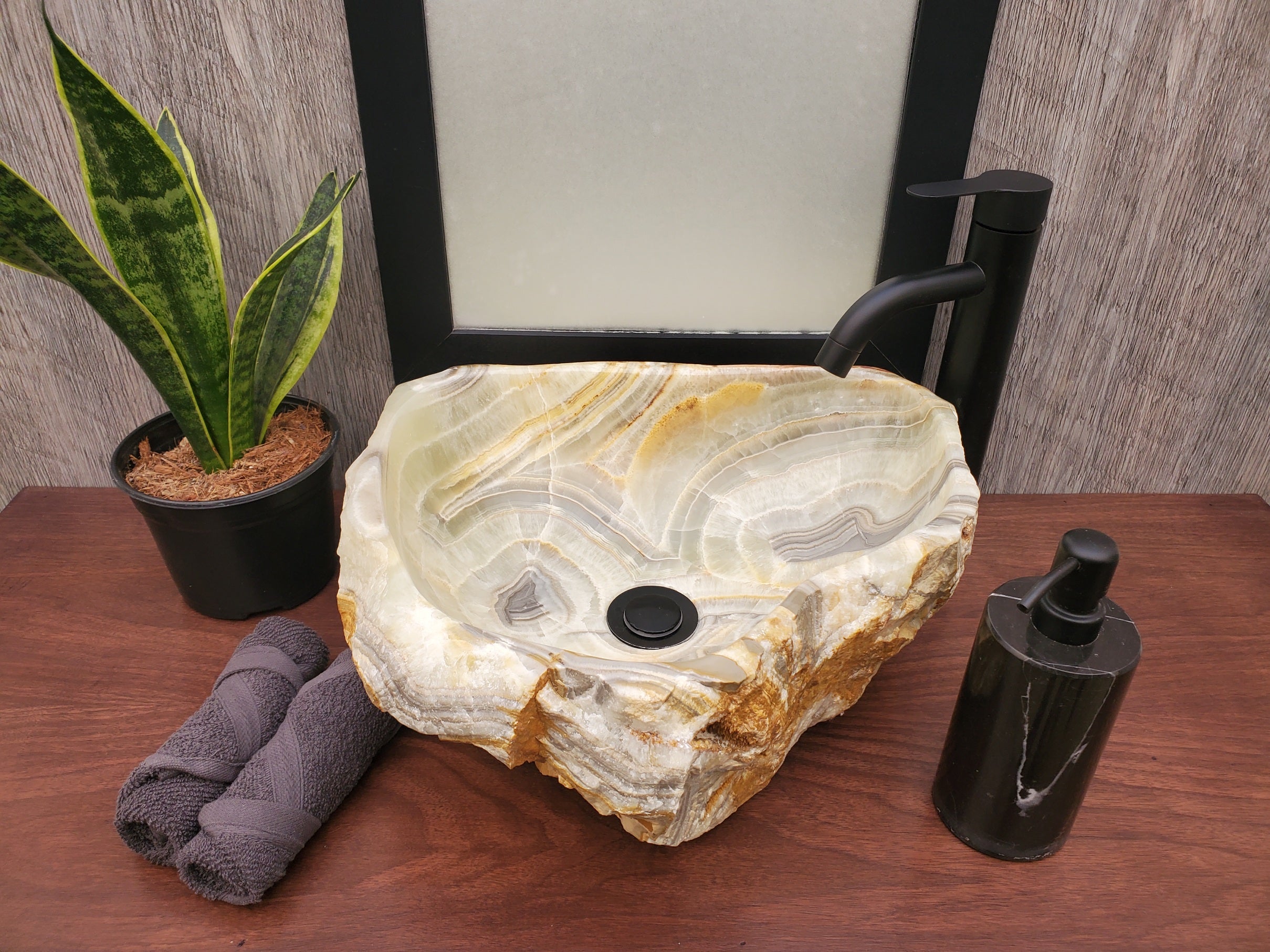 S23_19 Green and Brown Onyx Stone Vessel Bathroom Sink