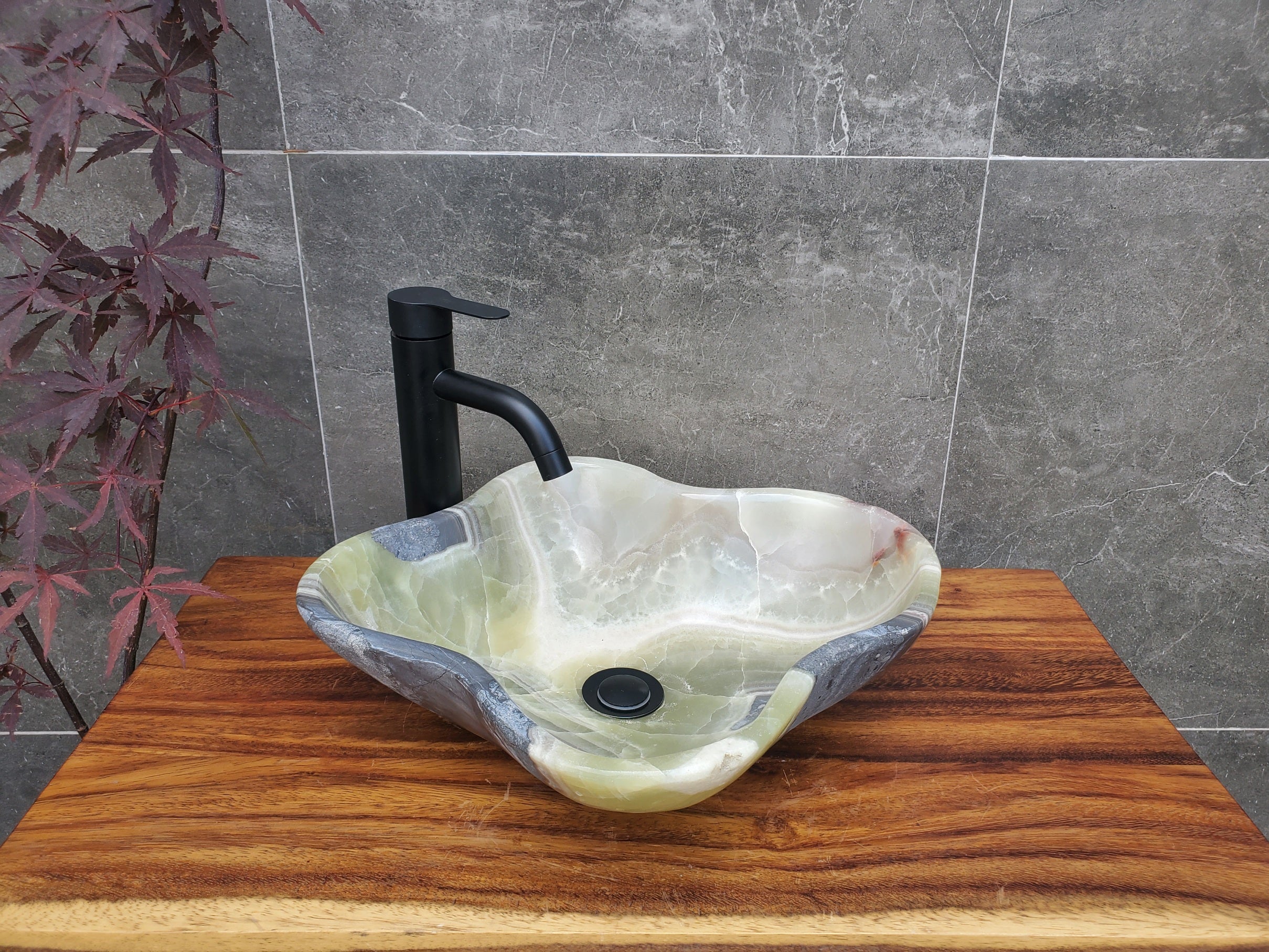 Green and Grey Onyx Stone Vessel Bathroom Sink