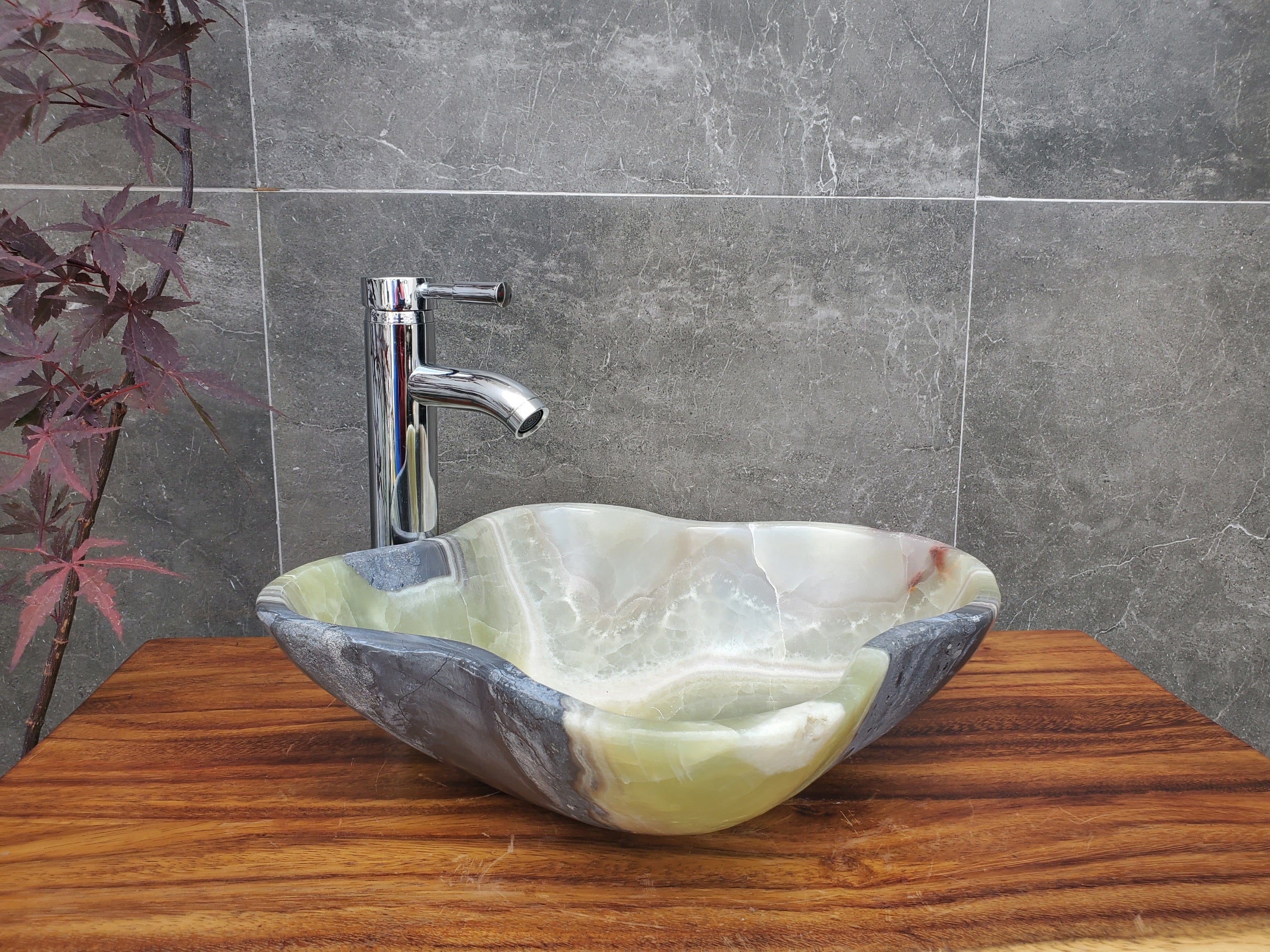 Green and Grey Onyx Stone Vessel Bathroom Sink