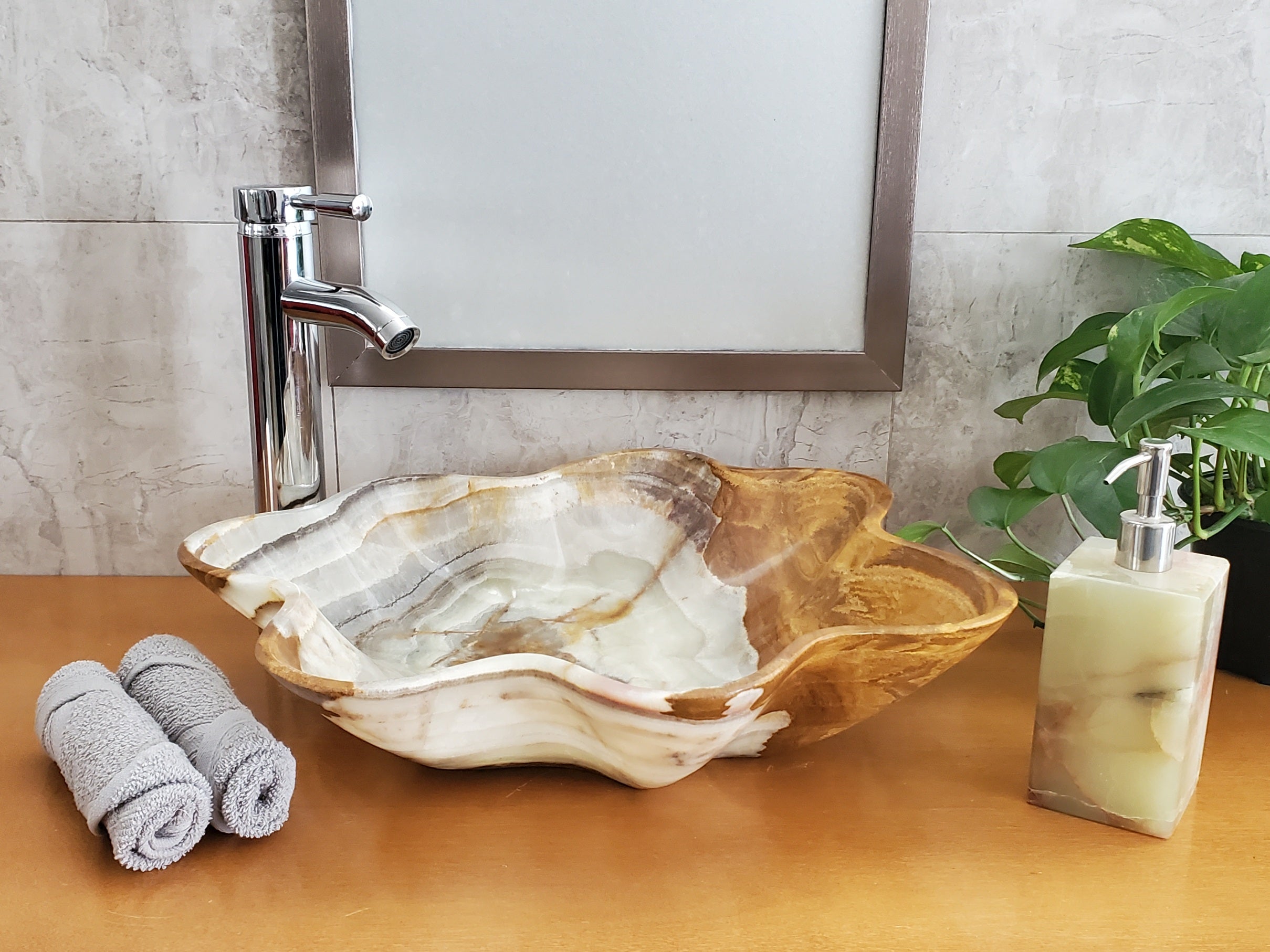 S23_12 Green and Brown Onyx Stone Vessel Bathroom Sink