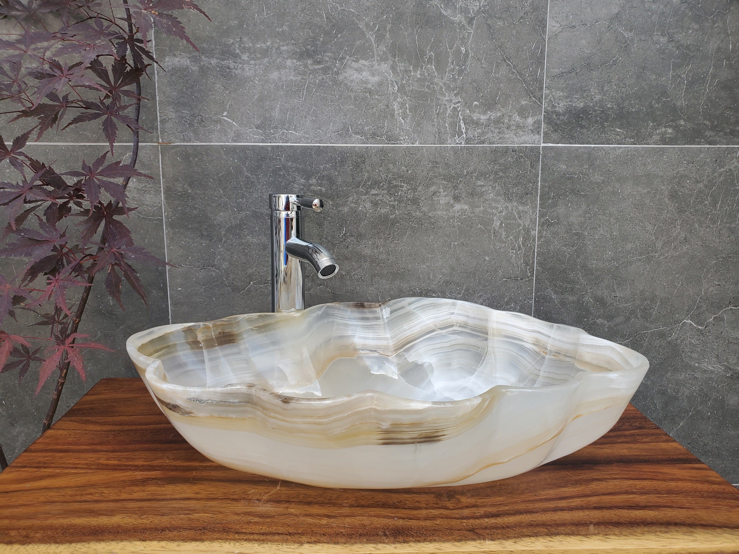 Neutral White Onyx Stone Vessel Bathroom Sink