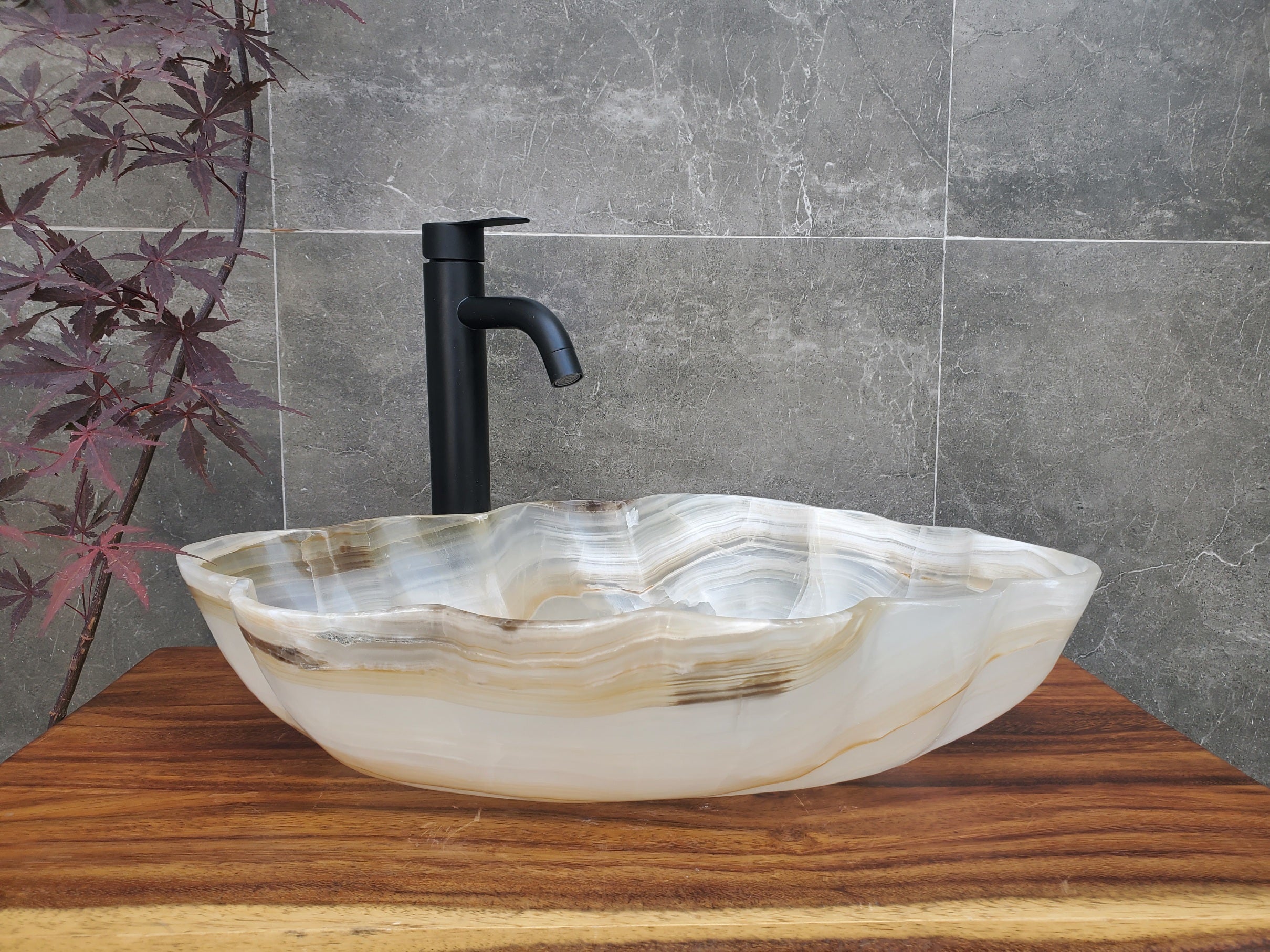 Neutral White Onyx Stone Vessel Bathroom Sink