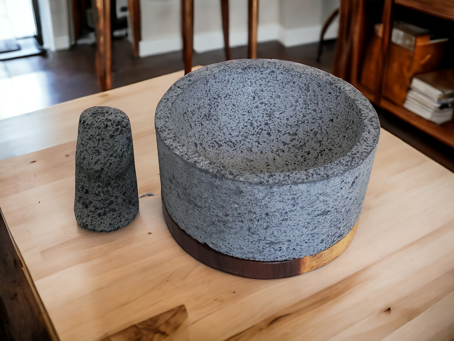 Round Wood Base Bowl & Pestle - Lava Stone - 8 Inch