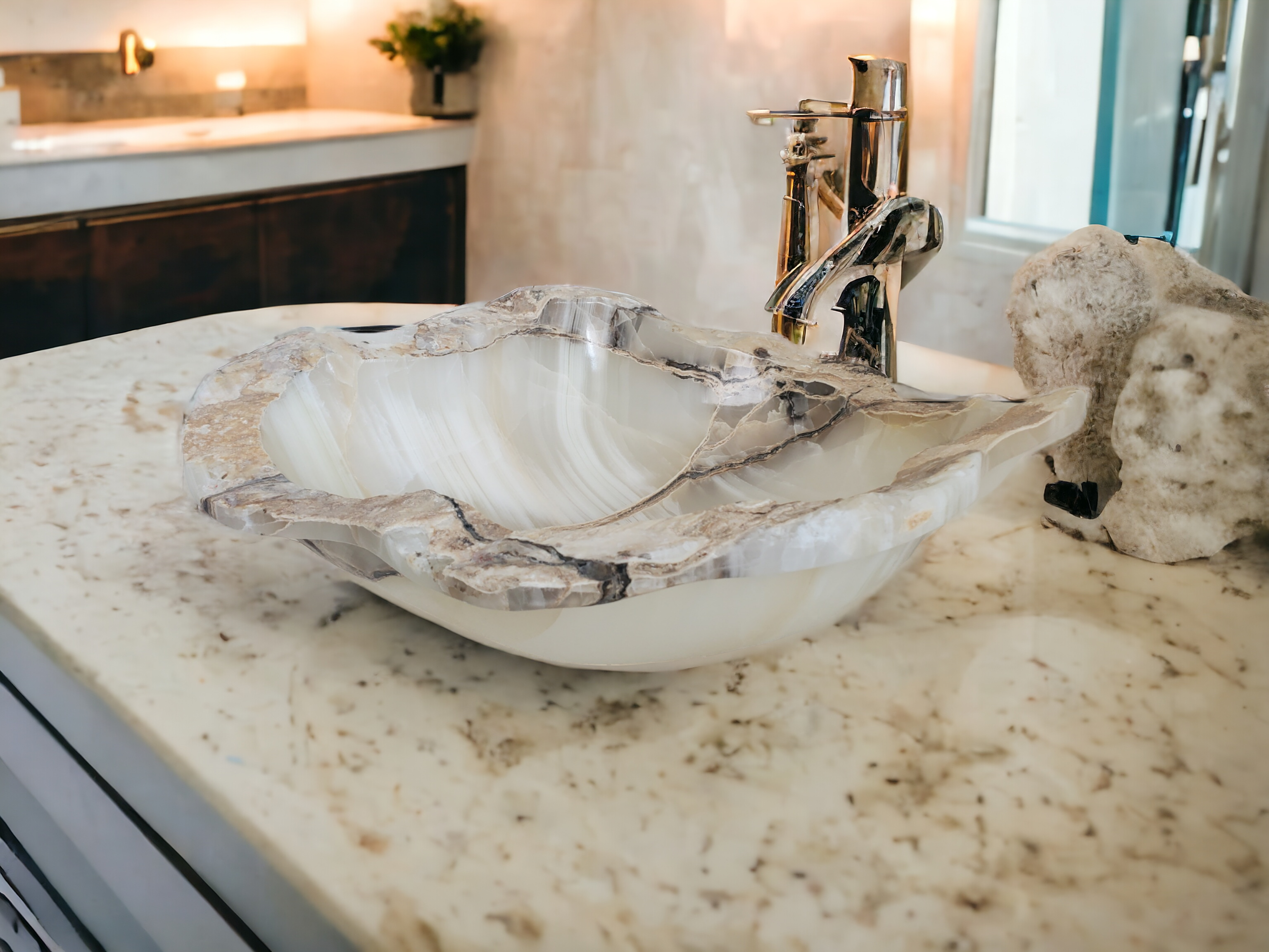 S21_12 Neutral White Onyx Stone Vessel Bathroom Sink