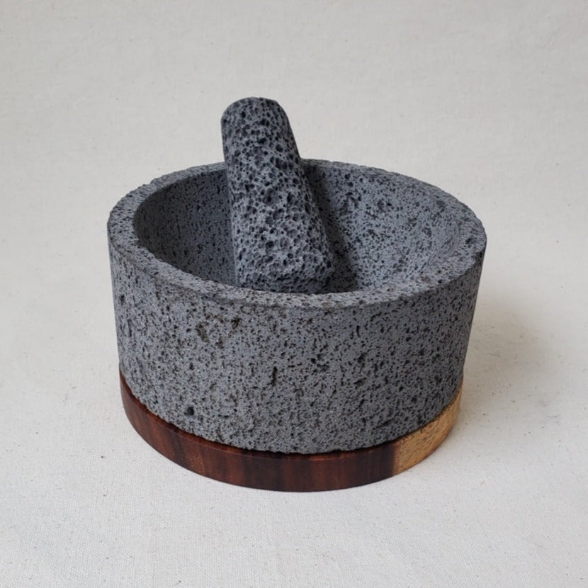 Wood Base Bowl & Pestle - Lava Stone - 8 Inch