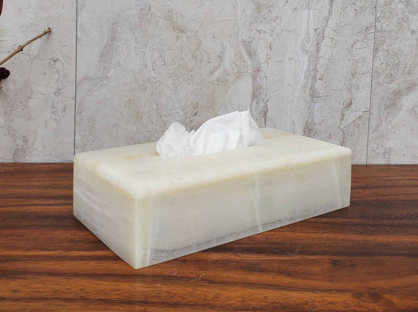 White Rectangle Onyx Tissue Box Cover. Handmade in Mexico. Ships from the USA. Buy now at www.felipeandgrace.com.